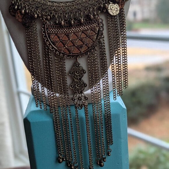 Antique Boho Statement Necklace - Vintage Filigree Pendant with Layered Chains - Picture 6 of 7